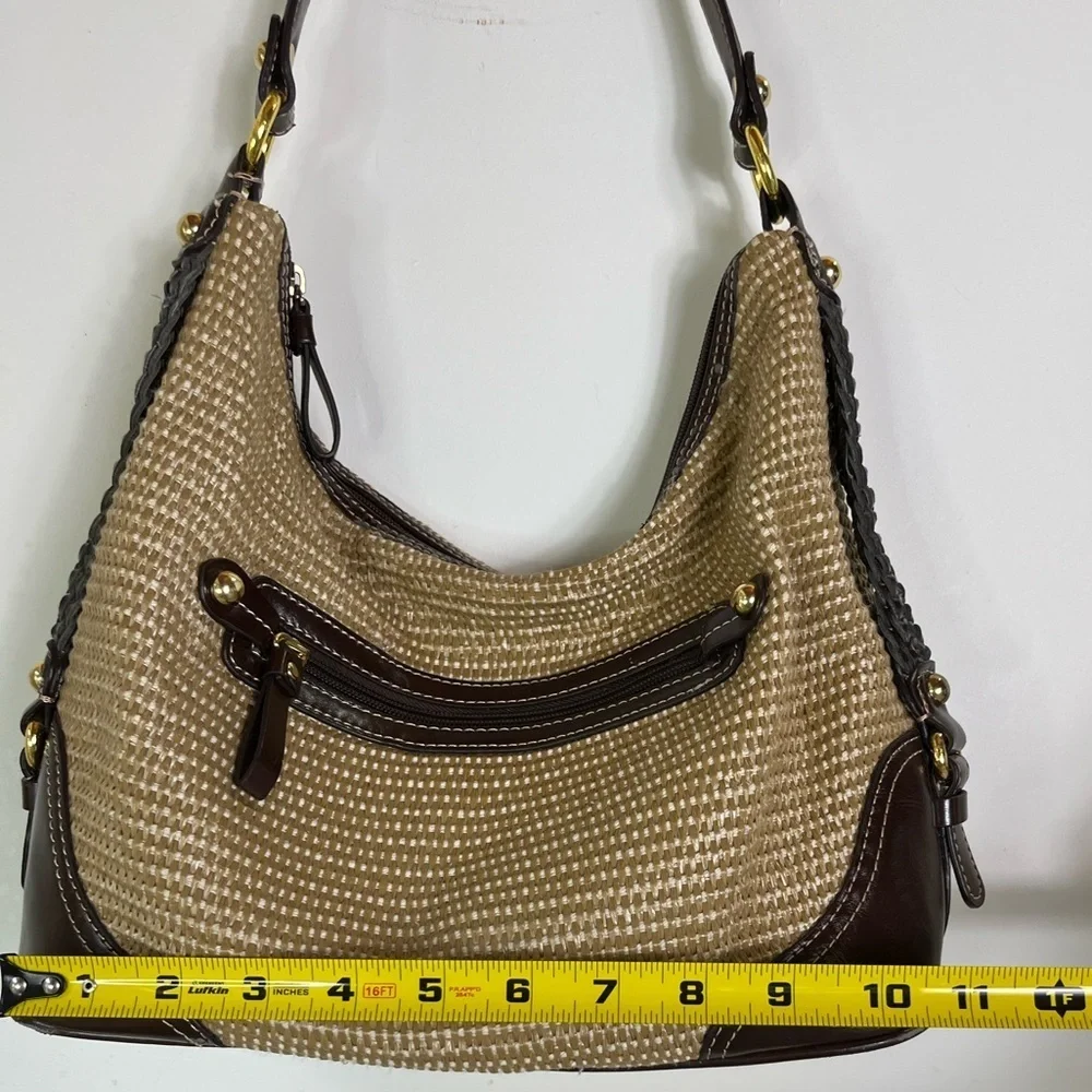 Giani Bernini Woven Hobo Bag Straw Brown Trim Gold Hardware Shoulder Tote